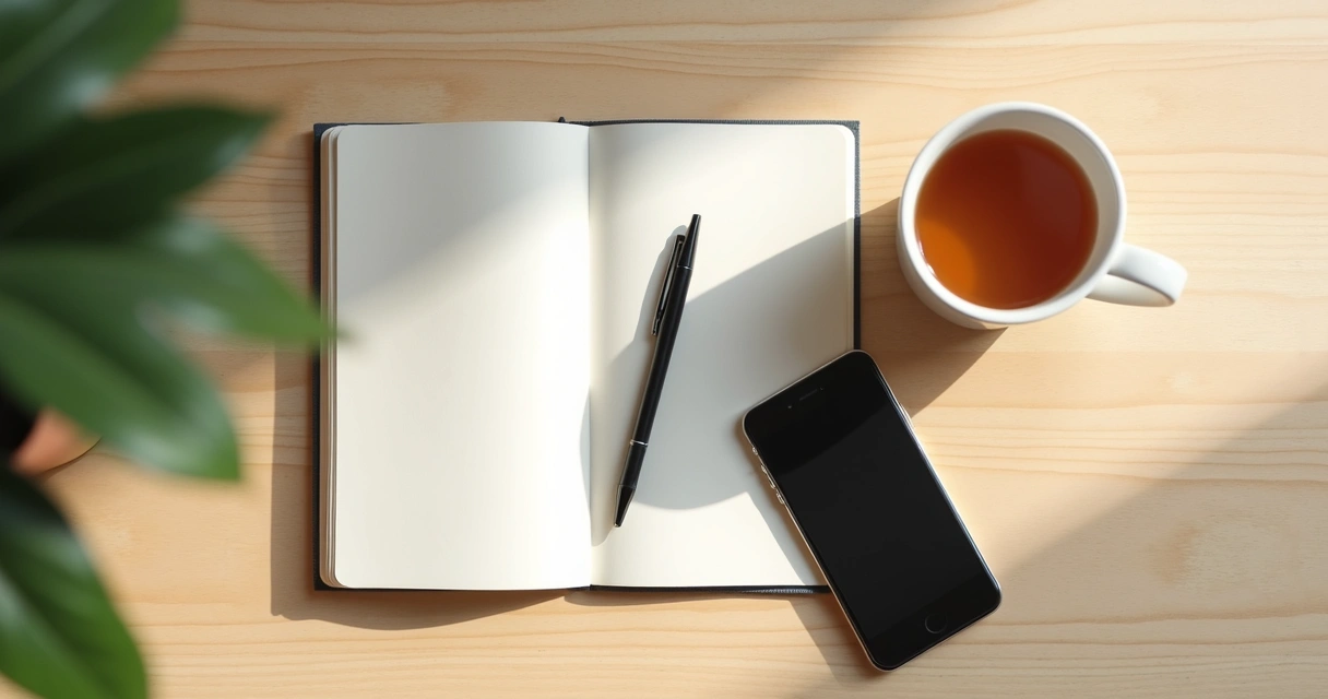 Celular desligado ao lado de caderno em mesa clara