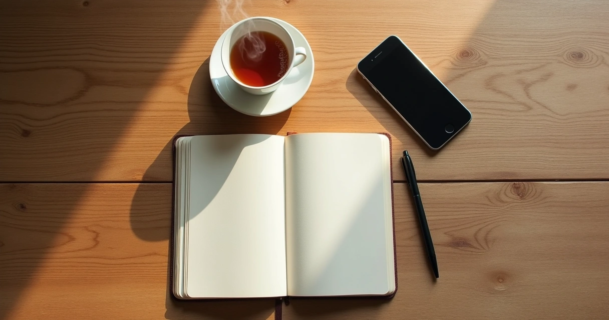 Caderno, chá e celular virado para baixo sobre a mesa 