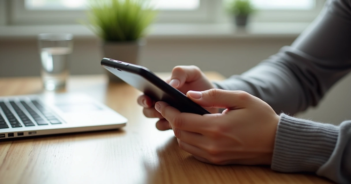 Pessoa deixando o celular de lado em uma mesa com luz suave