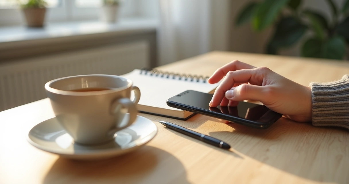 Persona dejando el móvil sobre una mesa junto a una libreta y una taza 