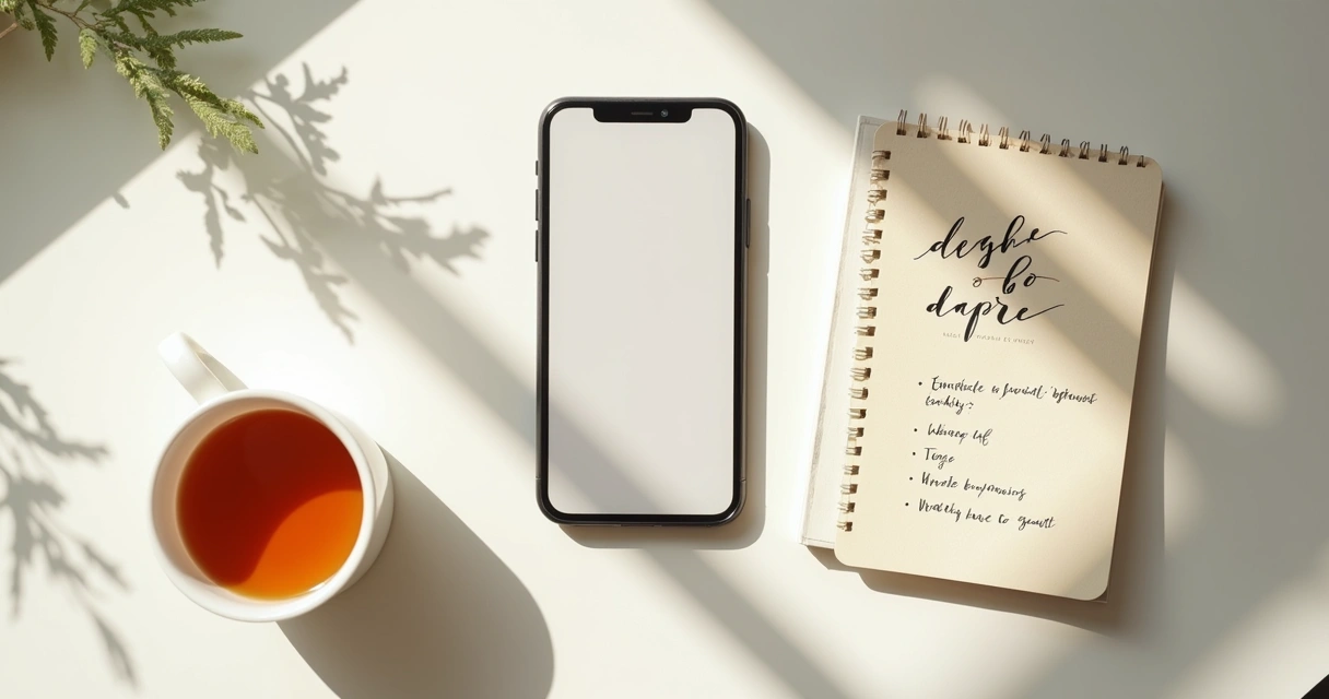 Caderno, celular virado para baixo e xícara sobre mesa clara 