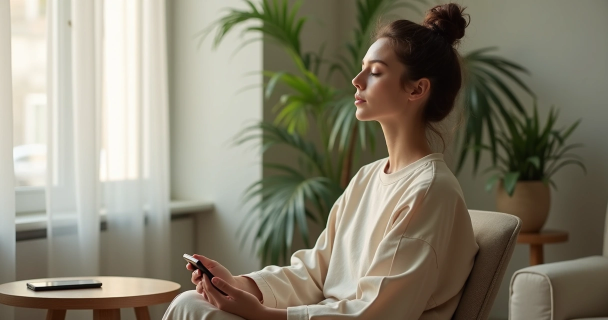 Pessoa fazendo pausa digital em ambiente calmo com celular ao lado