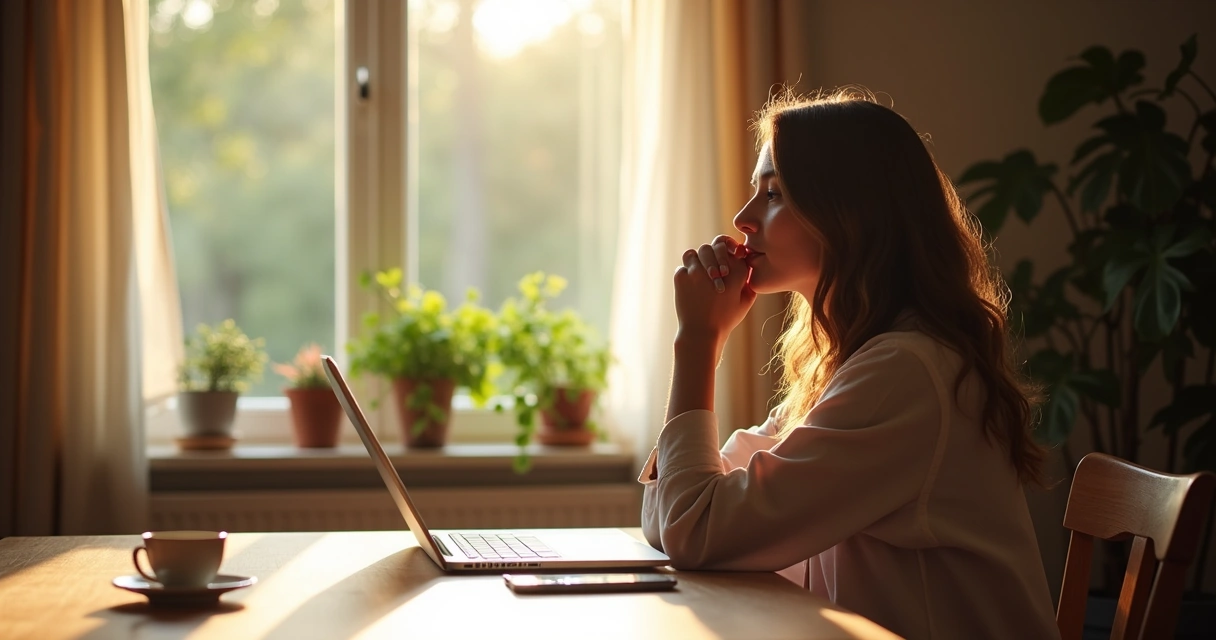Pessoa sentada à mesa olhando para a janela, com um notebook fechado ao lado