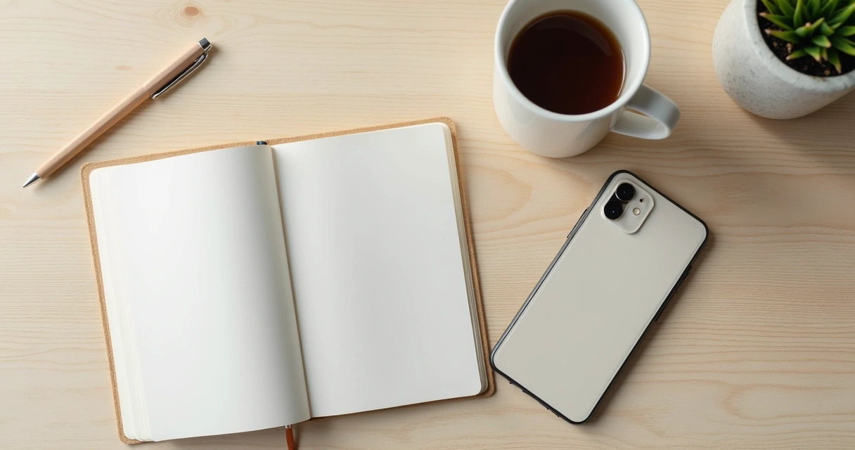 Celular desligado ao lado de caderno e xícara em momento de pausa