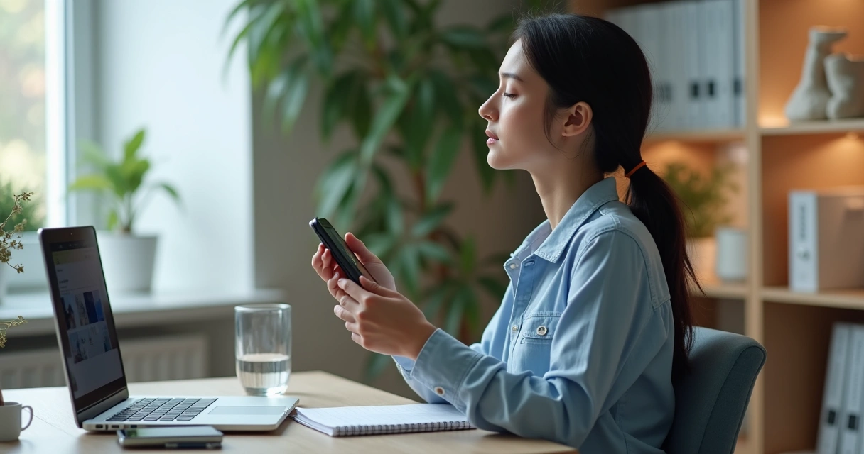 Pessoa olhando o celular e fazendo pausa para respirar 