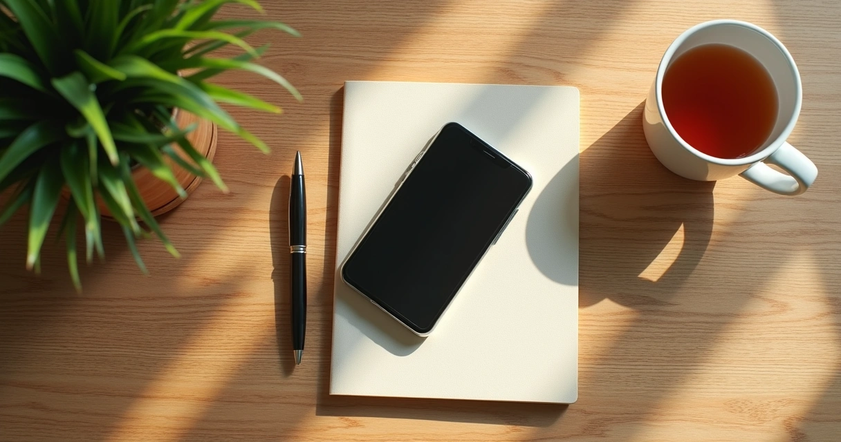 Pausa digital con cuaderno y té