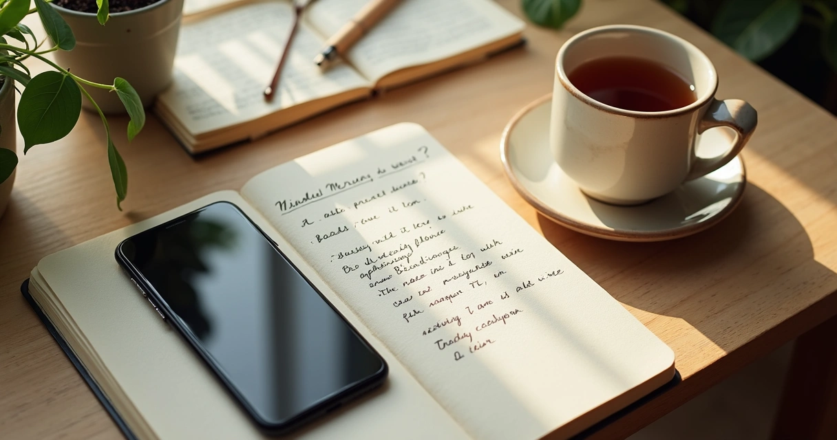 Teléfono boca abajo junto a un cuaderno y una taza