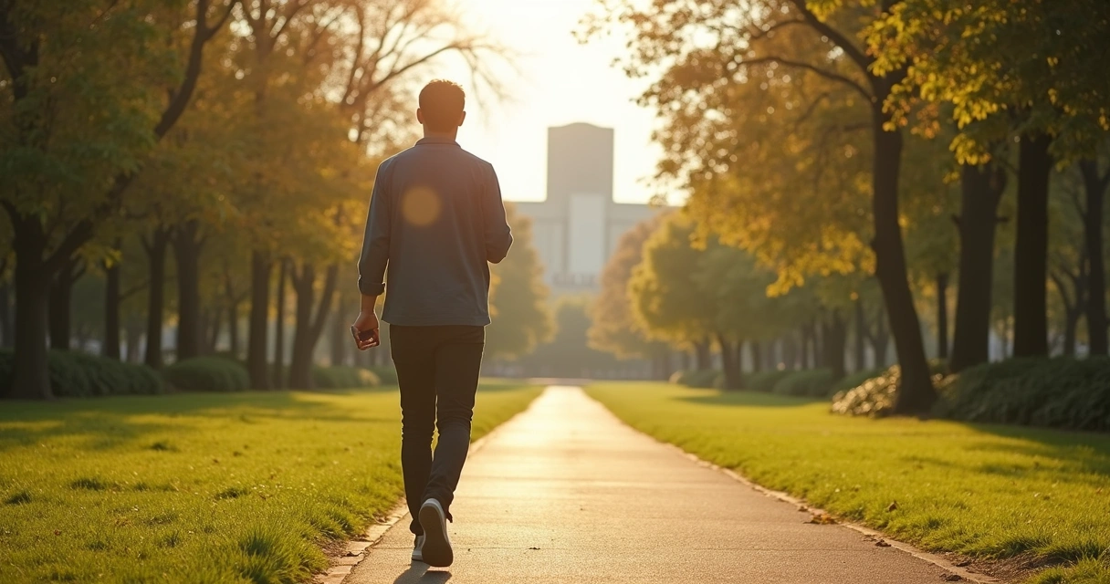 Pessoa caminhando em um parque ao ar livre, longe de telas 