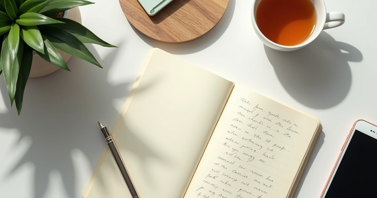 Escritorio con móvil apartado, cuaderno y taza en un momento de pausa digital 