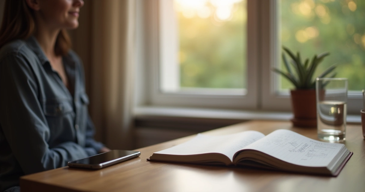 Pessoa em pausa digital com celular ao lado e caderno aberto