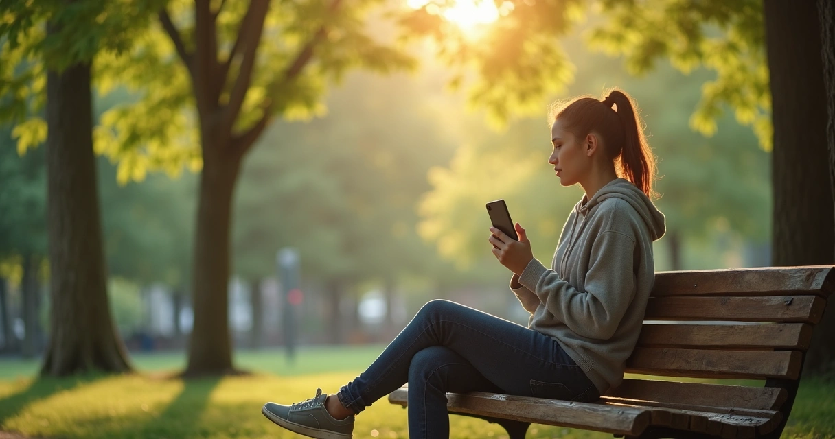 Pessoa faz pausa digital sentado em parque com smartphone desligado