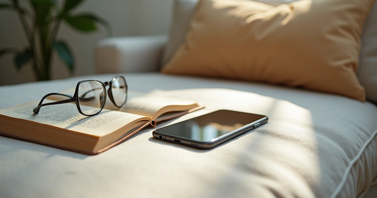 Celular virado para baixo ao lado de livro e óculos
