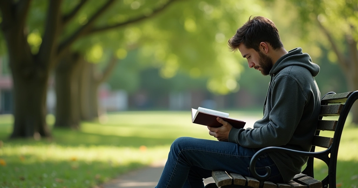 Pessoa sentada em um parque lendo um livro, cercada de natureza, com o celular ao lado desligado