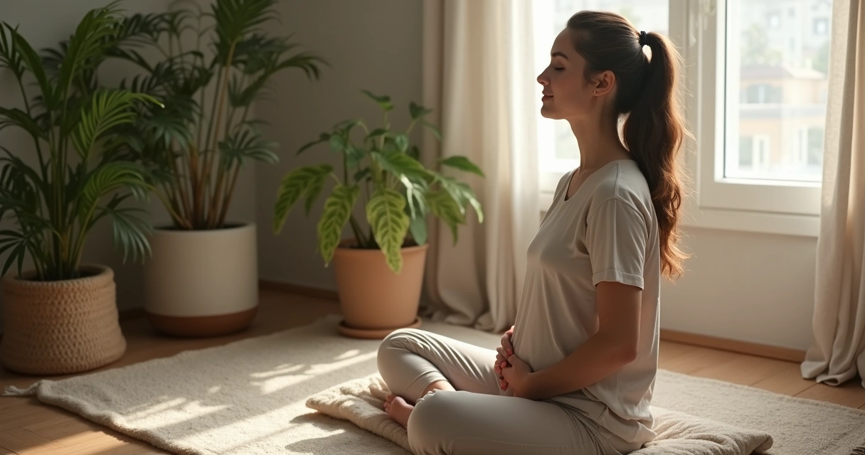Pessoa sentada em almofada com olhos fechados, mãos sobre o abdômen respirando calmamente 