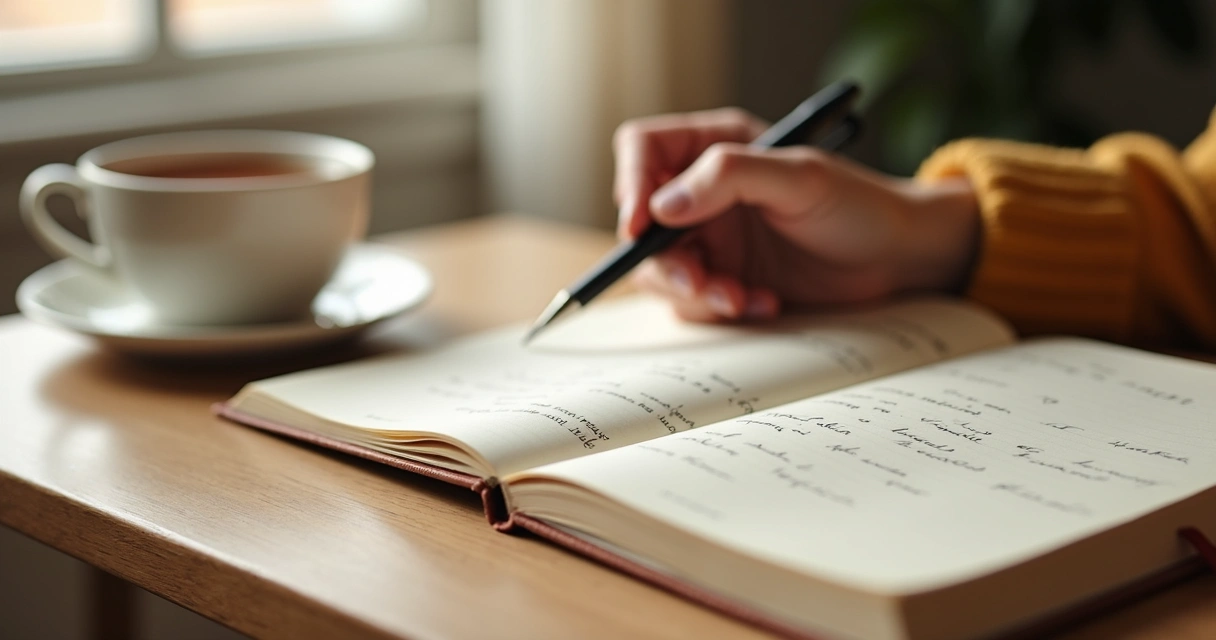 Caderno com anotações emocionais ao lado de uma xícara