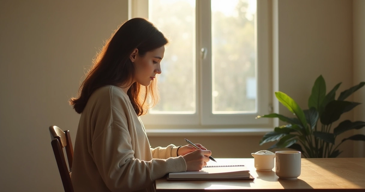 Pessoa sentada em silêncio diante de um caderno e uma janela 