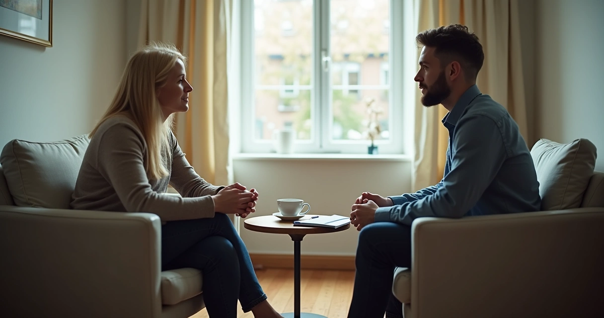 Duas pessoas sentadas em silêncio durante uma conversa em ambiente interno 