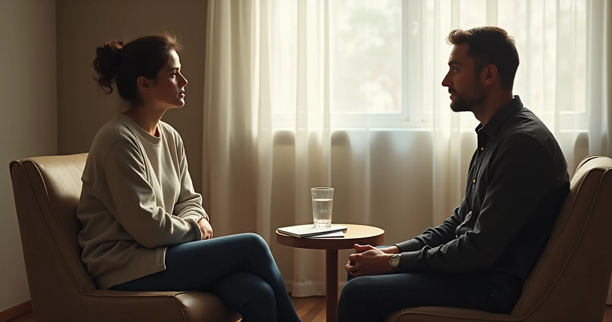Duas pessoas em conversa com momento de pausa e escuta atenta 