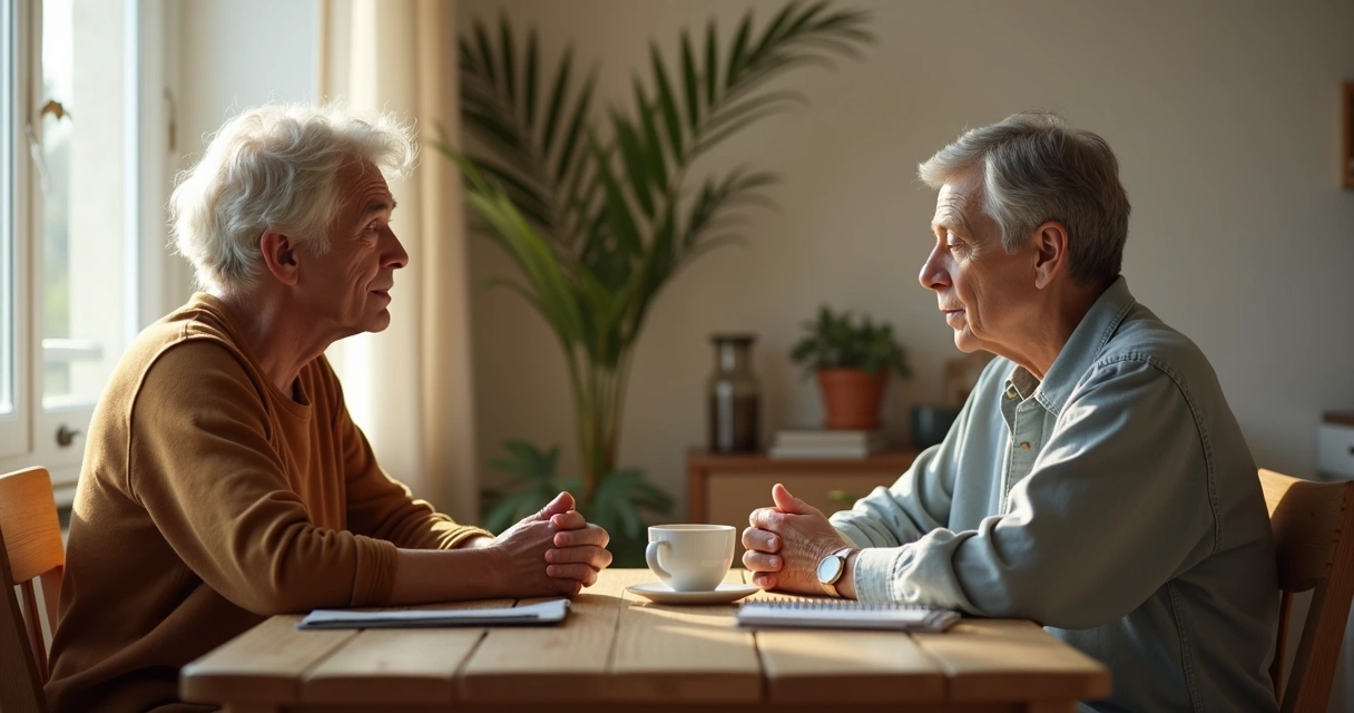Duas pessoas conversando com pausa atenta em ambiente doméstico
