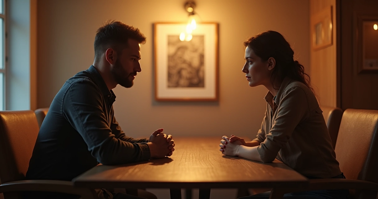 Duas pessoas sentadas frente a frente em silêncio durante uma conversa profunda