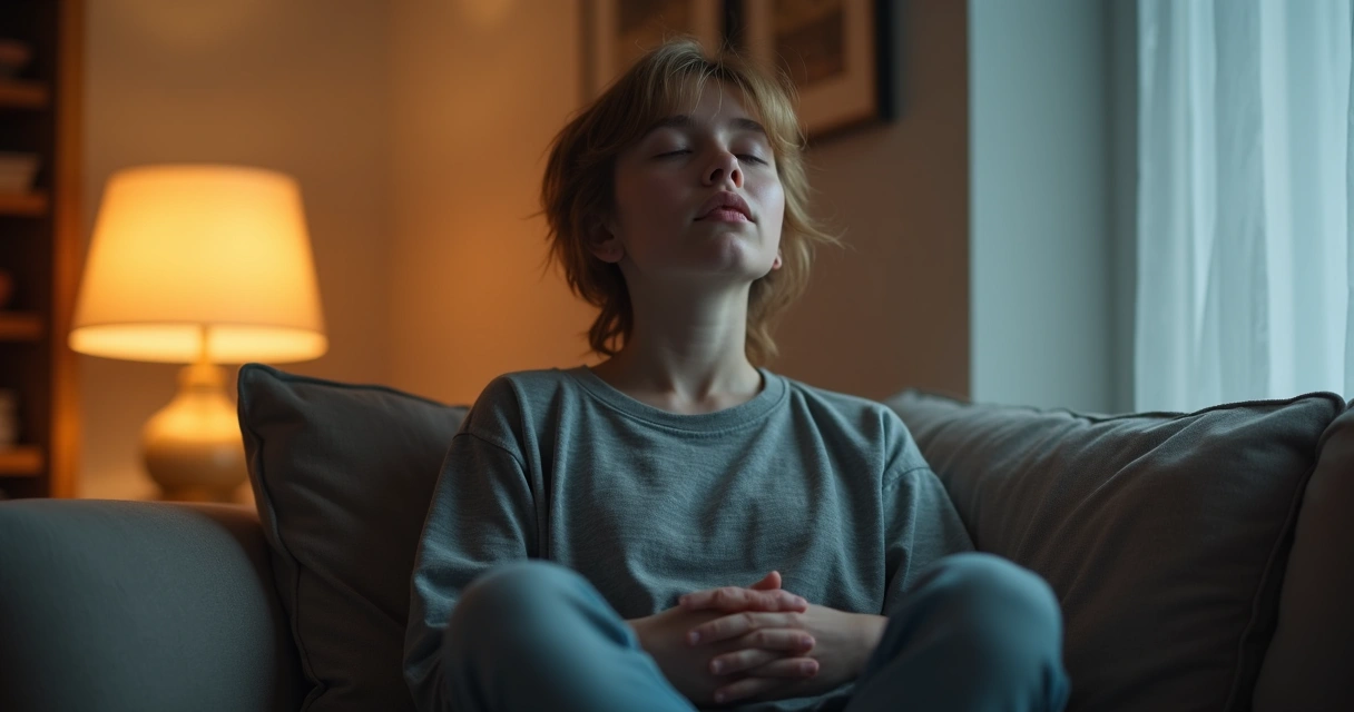 Pessoa de olhos fechados respirando profundamente em ambiente tranquilo 