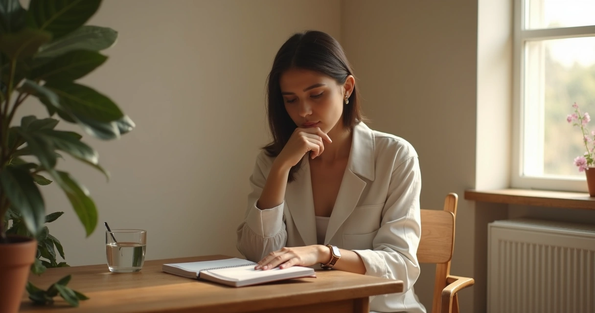 Pessoa sentada em silêncio observando um caderno e uma janela