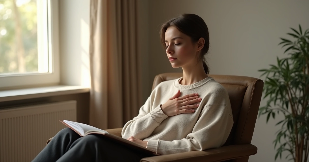 Persona sentada en silencio con libreta y luz suave