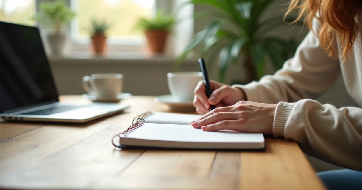 Persona escribiendo en un cuaderno junto a una taza y una luz suave