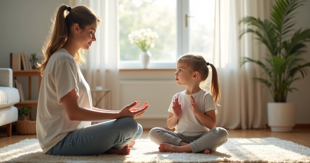 Adulto y niño respirando juntos en una sala tranquila 