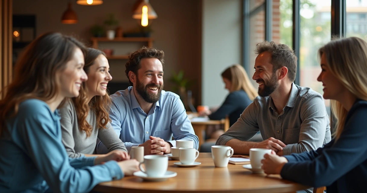 Equipe fazendo pausa para café em espaço corporativo 
