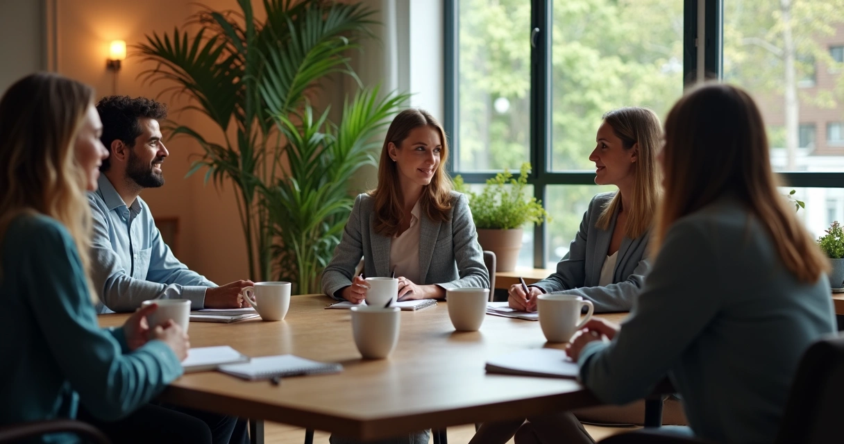 Equipe de trabalho reunida em um ambiente acolhedor, líder incentivando pausa e diálogo. 