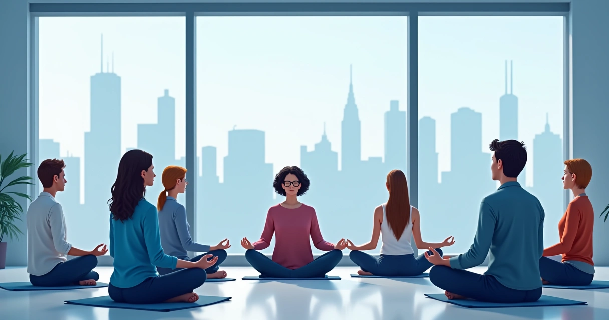 Equipe de líderes fazendo pausa meditativa reunidos em sala 