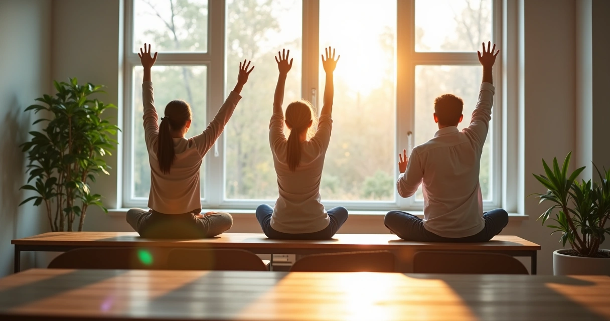 Três profissionais fazendo uma breve pausa em uma sala de reunião, relaxando e respirando fundo. 