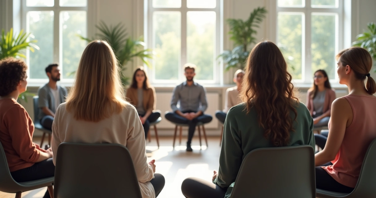 Personas sentadas en círculo meditando y reflexionando en una sala luminosa. 