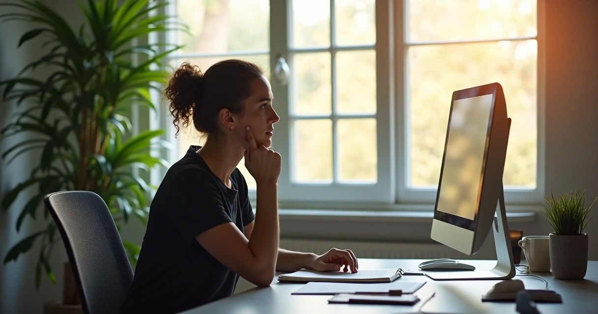 Pessoa sentada à mesa do escritório olhando para fora da janela, refletindo durante pausa 