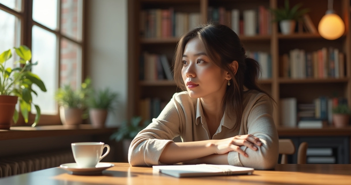 Persona escuchando atentamente, con expresión relajada y manos cruzadas sobre la mesa. 