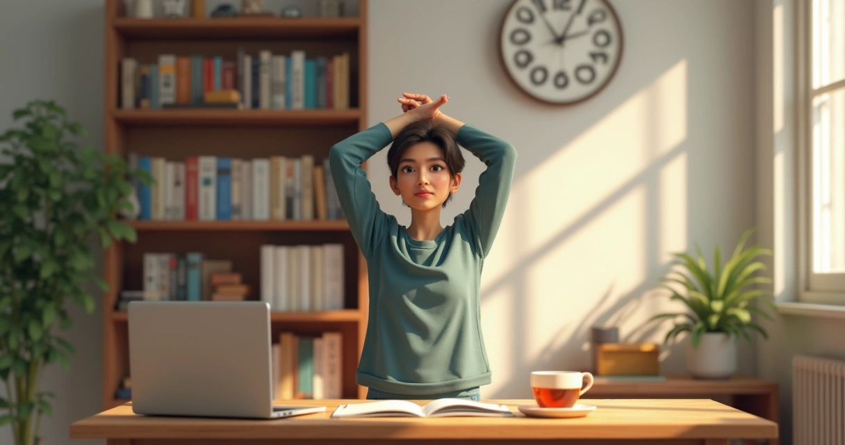 Pessoa fazendo pausa nos estudos, alongando ao lado da mesa com notebook 