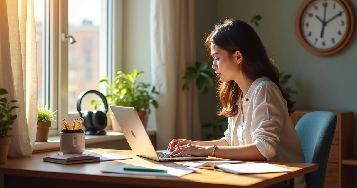 Pessoa fazendo pausa breve durante estudo online em mesa organizada. 