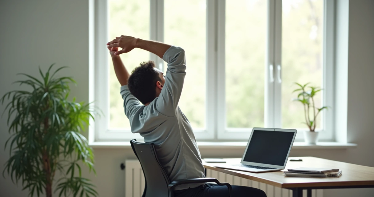 Pessoa fazendo pausa para exercício junto à cadeira 