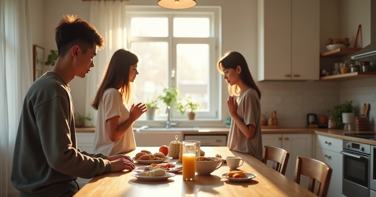 Pausa silenciosa de família na cozinha