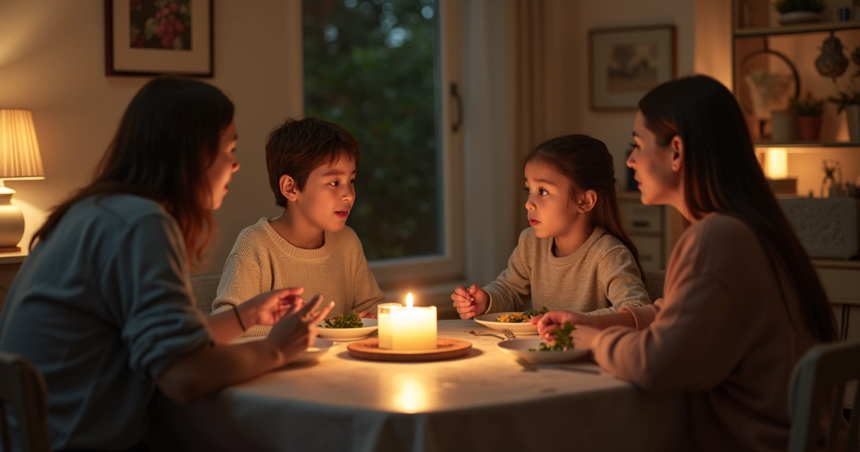 Família em pausa noturna conversando à mesa com luz suave 