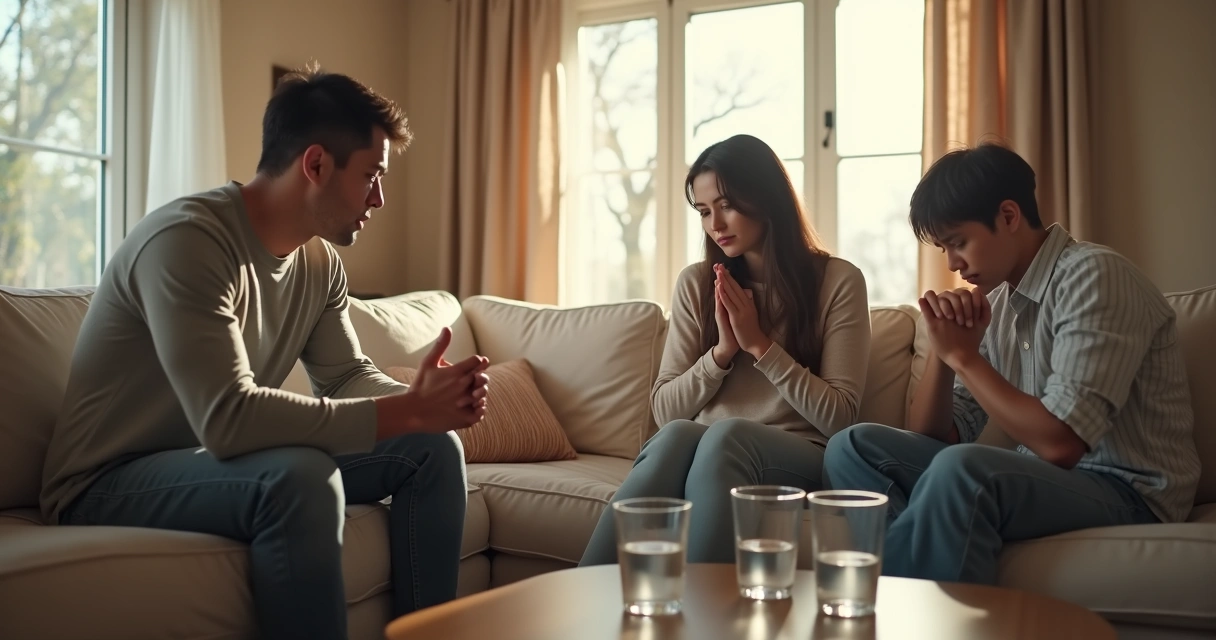 Familia en sala haciendo una pausa en conversación 