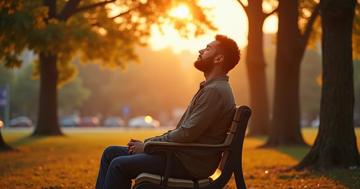 Pessoa sentada sozinha em um parque cercado de árvores e luz suave, olhando para cima em contemplação 