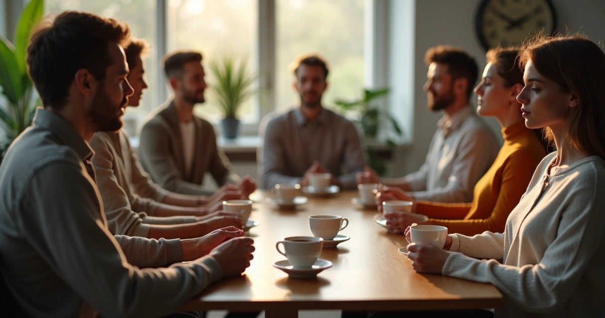 Grupo de pessoas em pausa para café meditando juntos 