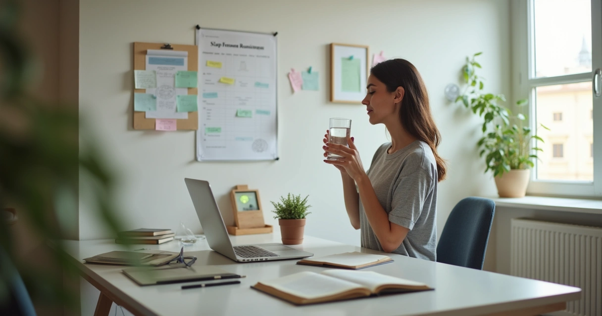 Pessoa fazendo pausa breve ao lado do notebook no home office