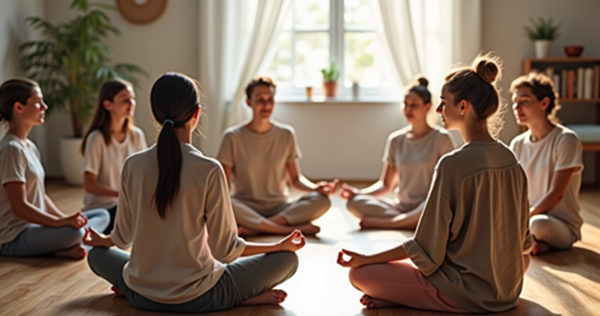 Pessoas de diferentes idades sentadas em círculo, olhos fechados, tomando uma pausa juntos 