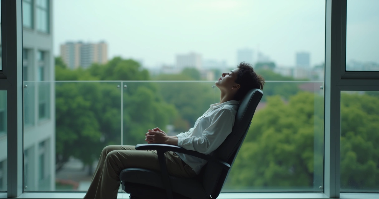 Pessoa sentada sozinha varanda escritório relaxando nas pausas 