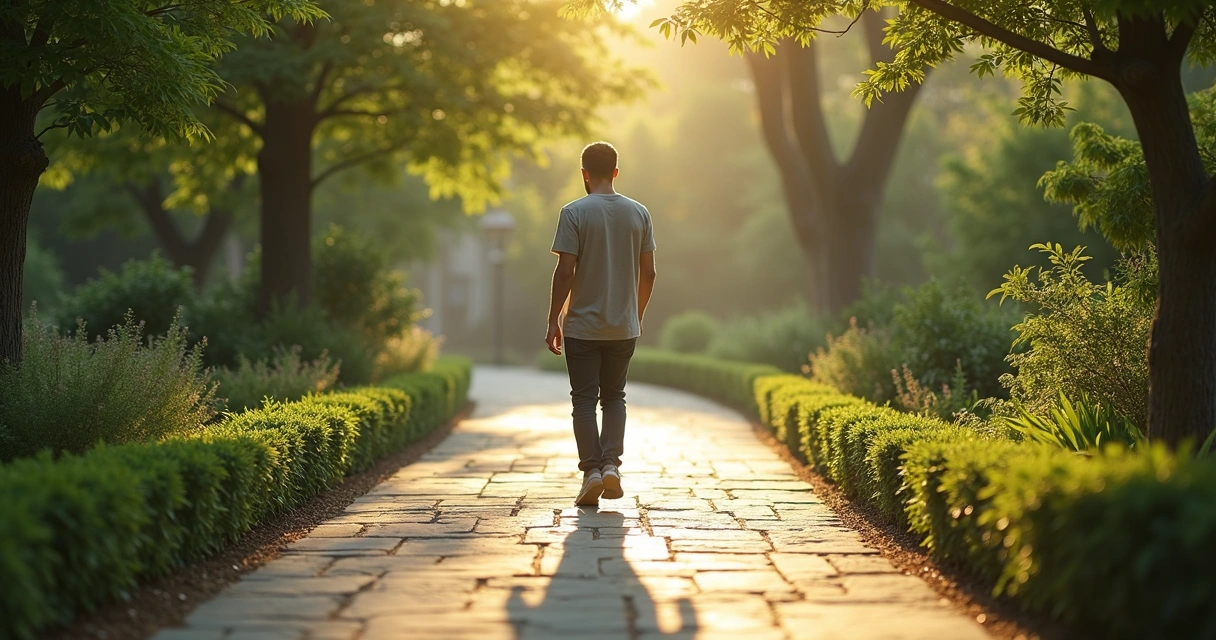 Pessoa caminhando lentamente em jardim com árvores 