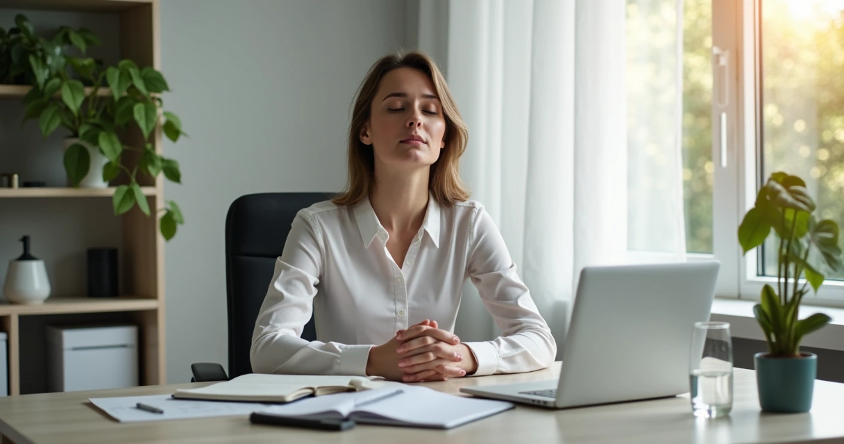 Persona haciendo una pausa breve en un escritorio ordenado con luz natural 