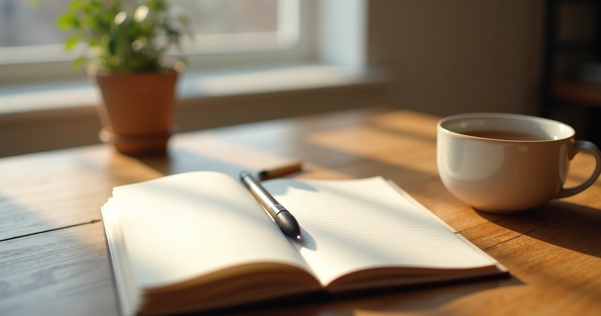Cuaderno abierto y taza junto a una ventana en la mañana 